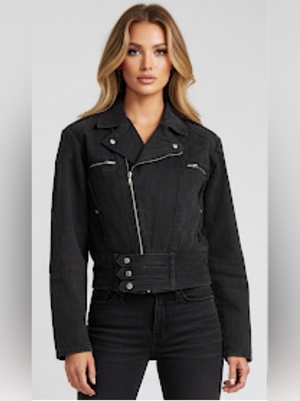 Cooper Sportswear Vintage Cropped Denim Moto Jean Jacket Black Gray Motorcycle S